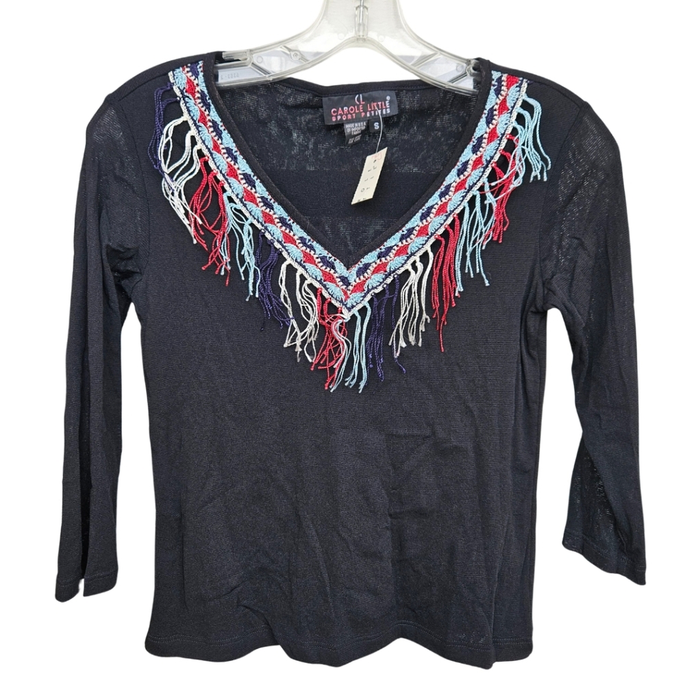 Vintage Y2K Carole Little Top Petite Small Black Knit Boho Fringe Embroidered
